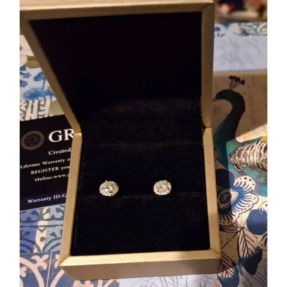 CERTIFIED Genuine Moissanite Diamond 1Ct. Round Halo Stud Earrings~HUGE SALE~